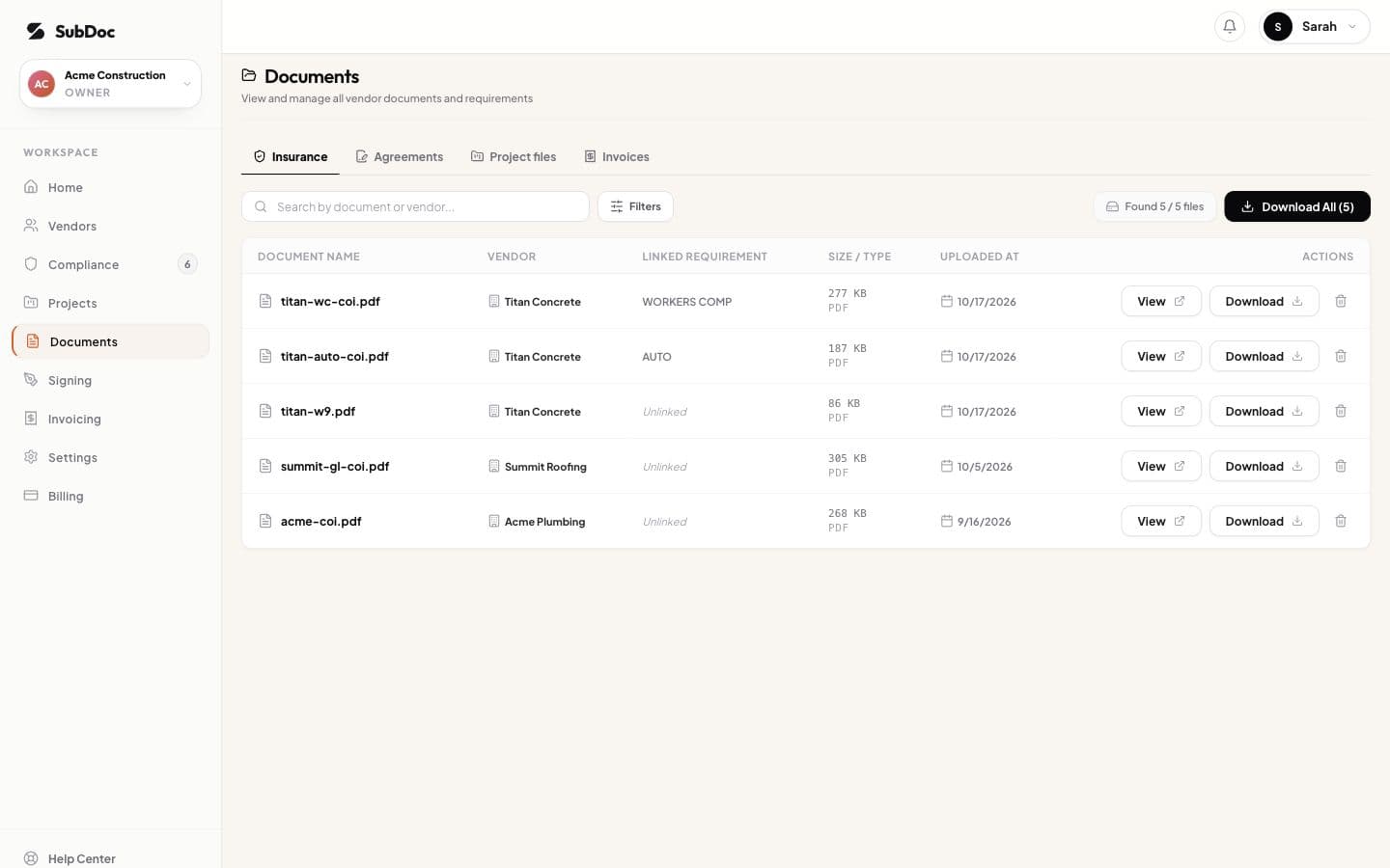 SubDoc demo document library with sample vendor records and document statuses