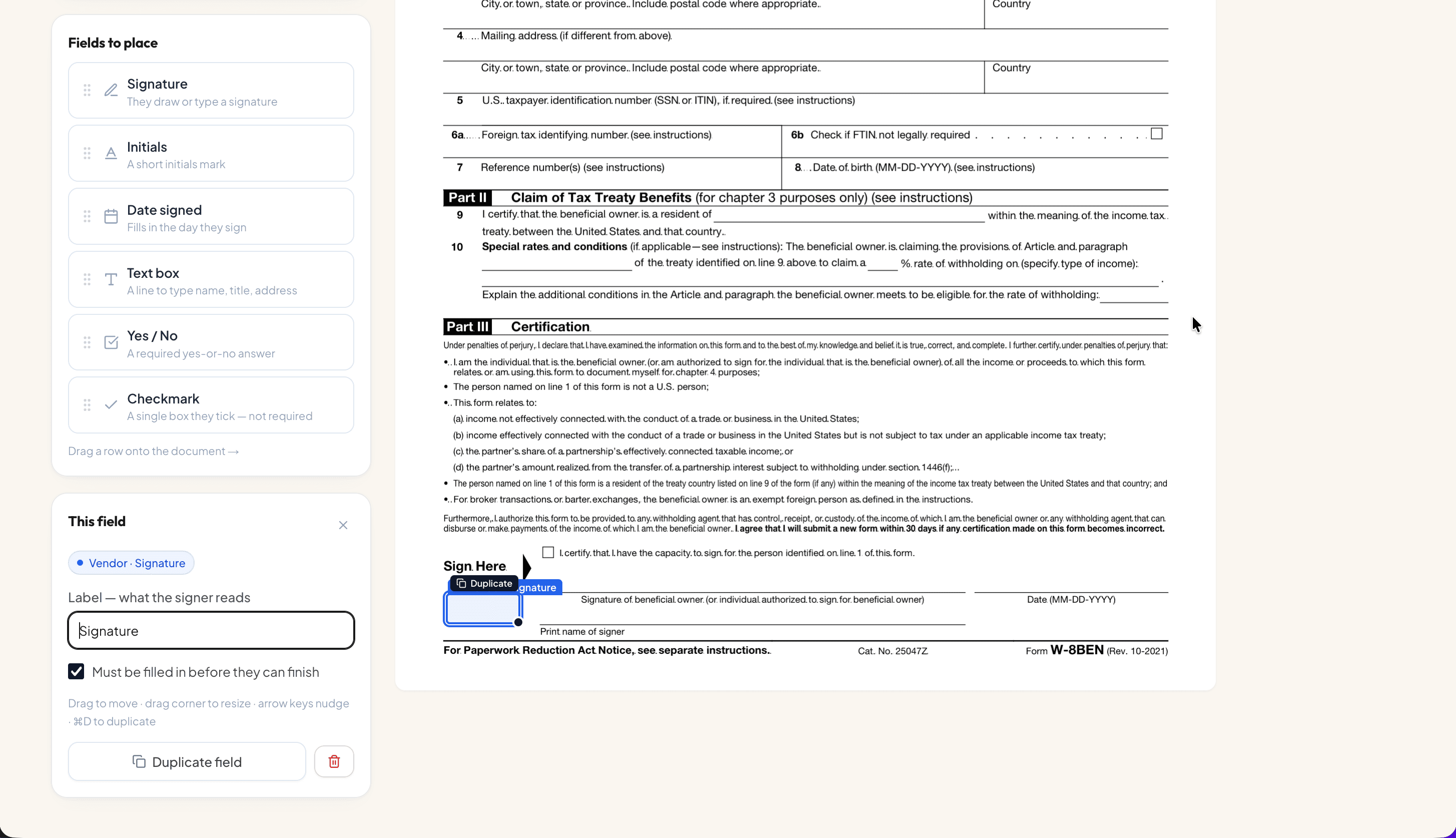 SubDoc Template Field Editor: Dragging and placing normalized electronic signature, initials, date signed, text box, yes/no, and checkmark fields on a subcontractor agreement