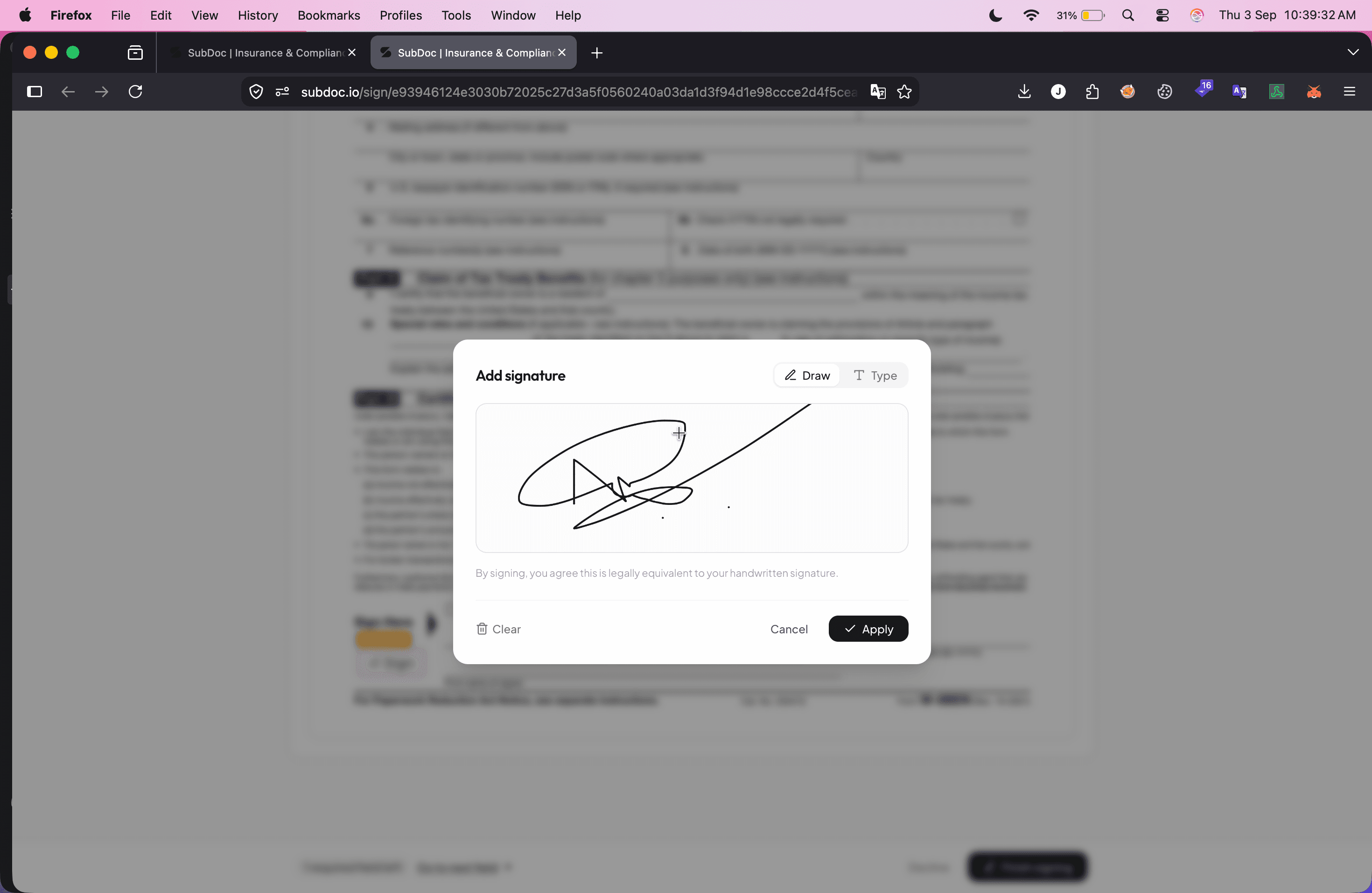How to draw subcontractor electronic signature online: SubDoc signature pad modal open on Draw mode with legal consent disclosure