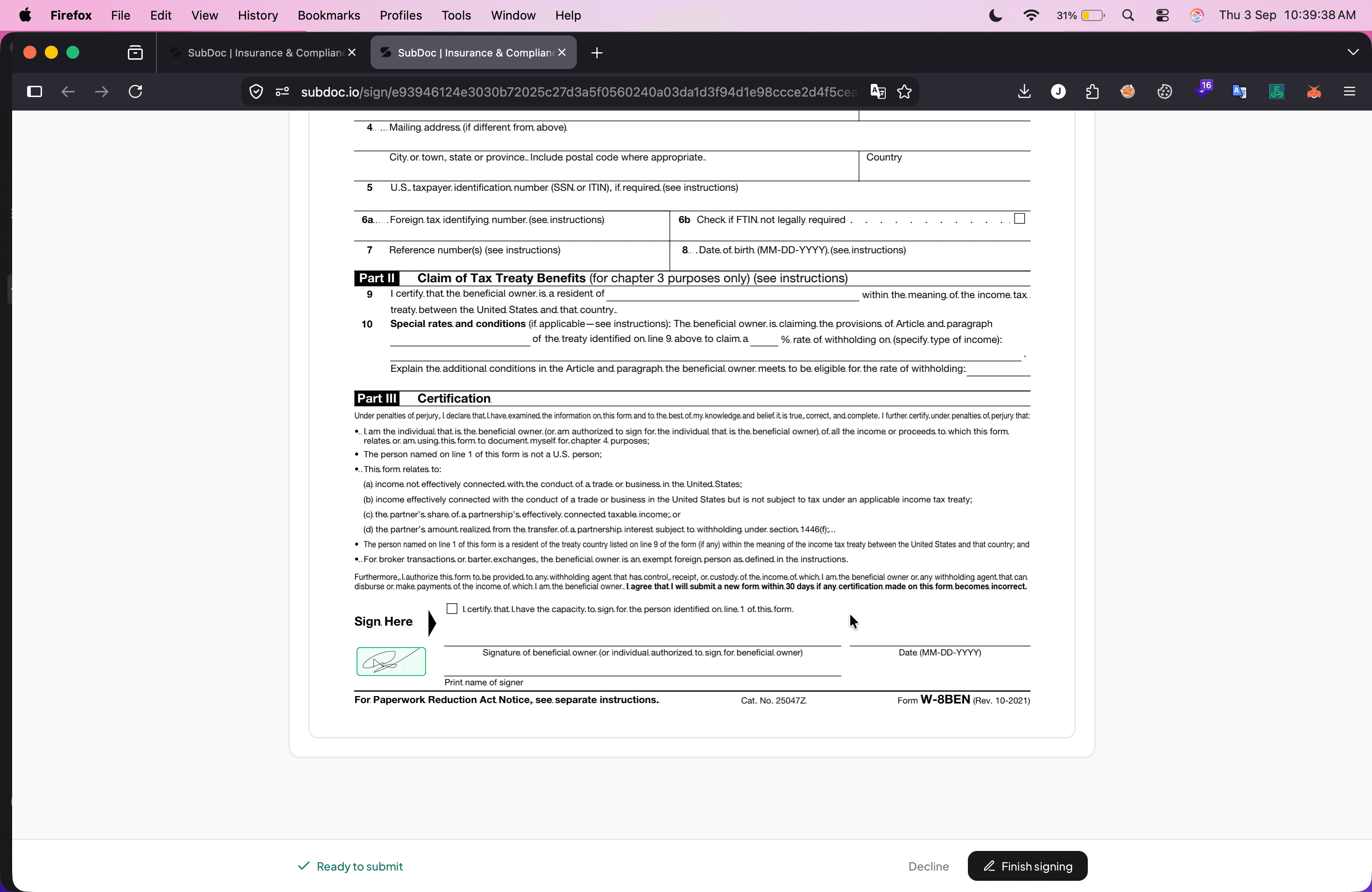 Executed subcontractor agreement ready to submit in SubDoc: Stamped signature on agreement line with Ready to submit status and Finish signing button