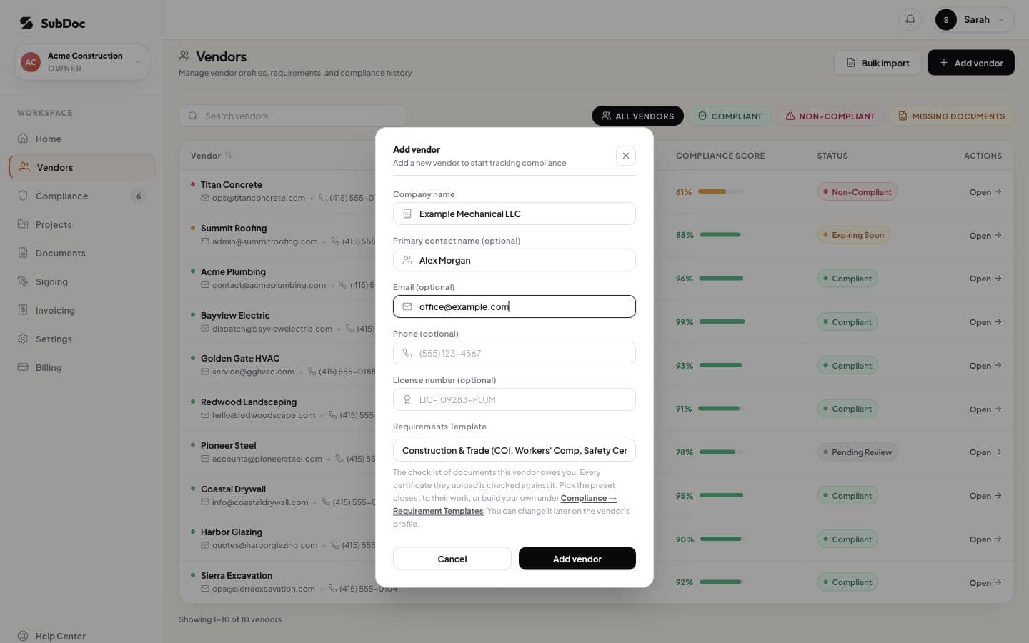 SubDoc demo add-vendor form with sample company details and requirement template