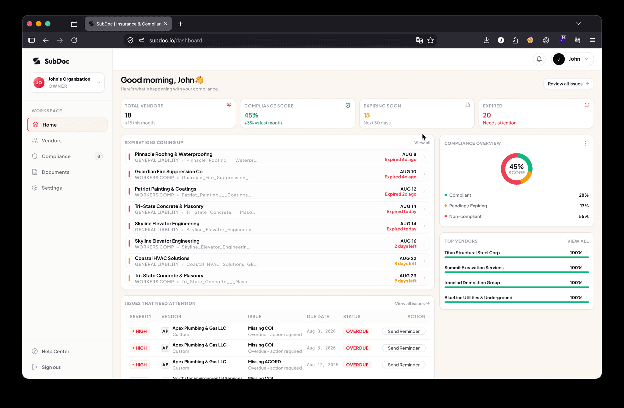 Billy vs GetJones comparison alternative SubDoc dashboard overview tracking subcontractor insurance compliance