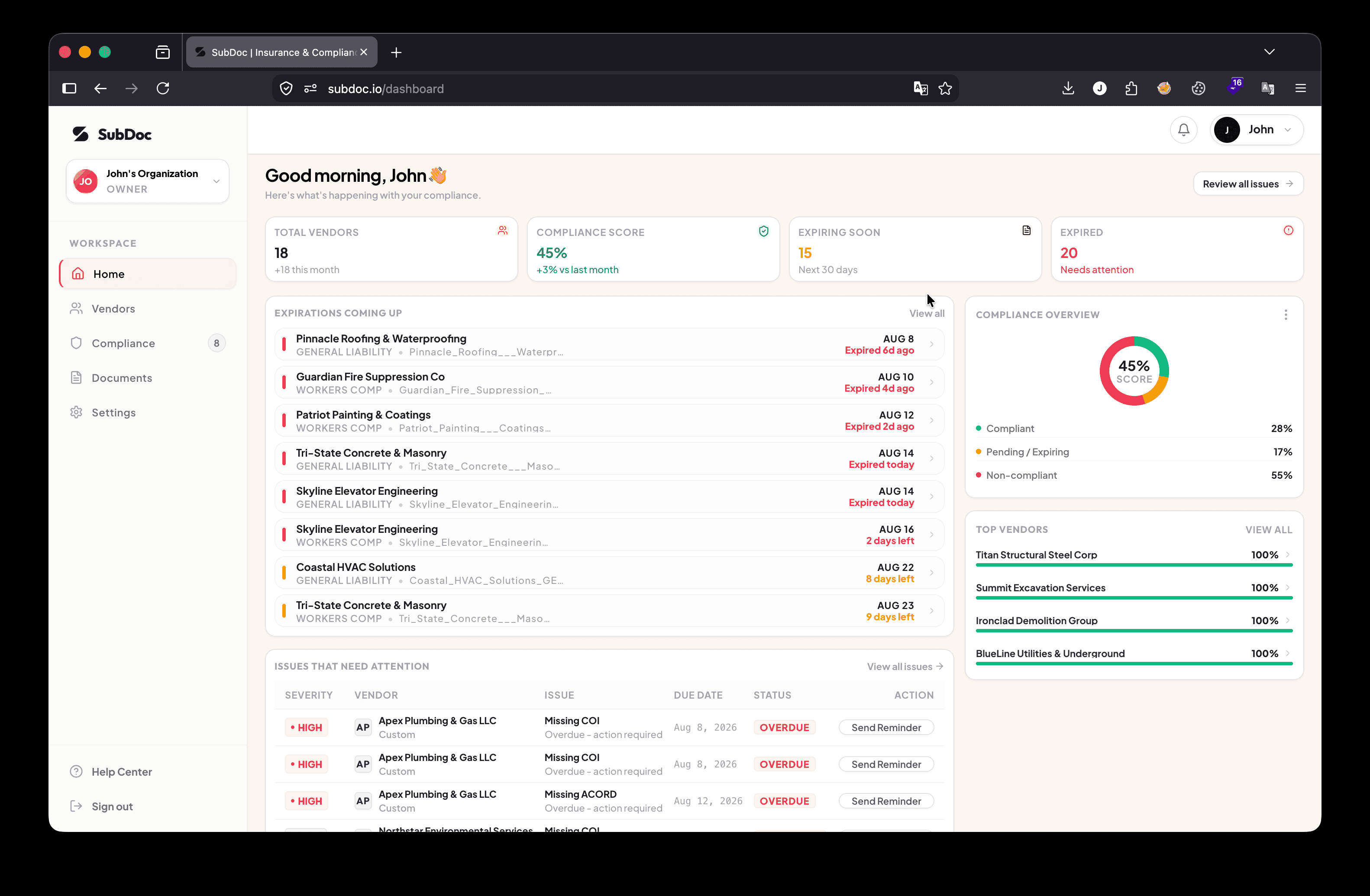 SubDoc Real-time Vendor Insurance Verification Dashboard