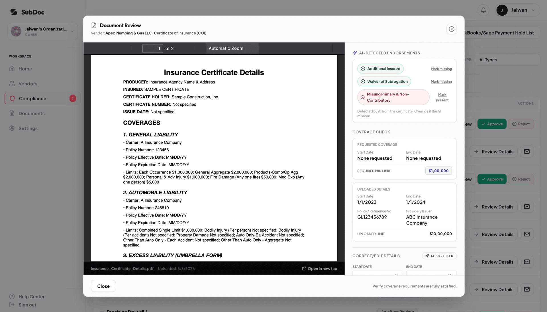 SubDoc Verification Alert Box and AI OCR policy extraction modal