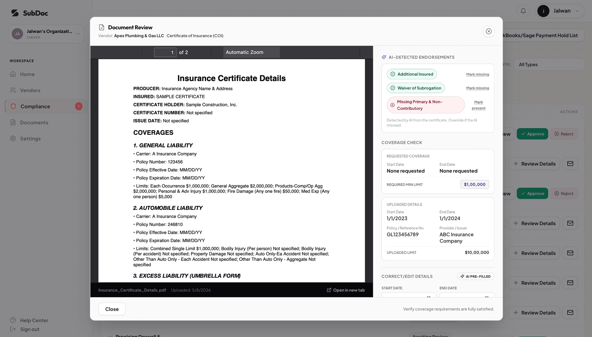SubDoc AI document review modal showing automated endorsement extraction compared to Billy vs GetJones