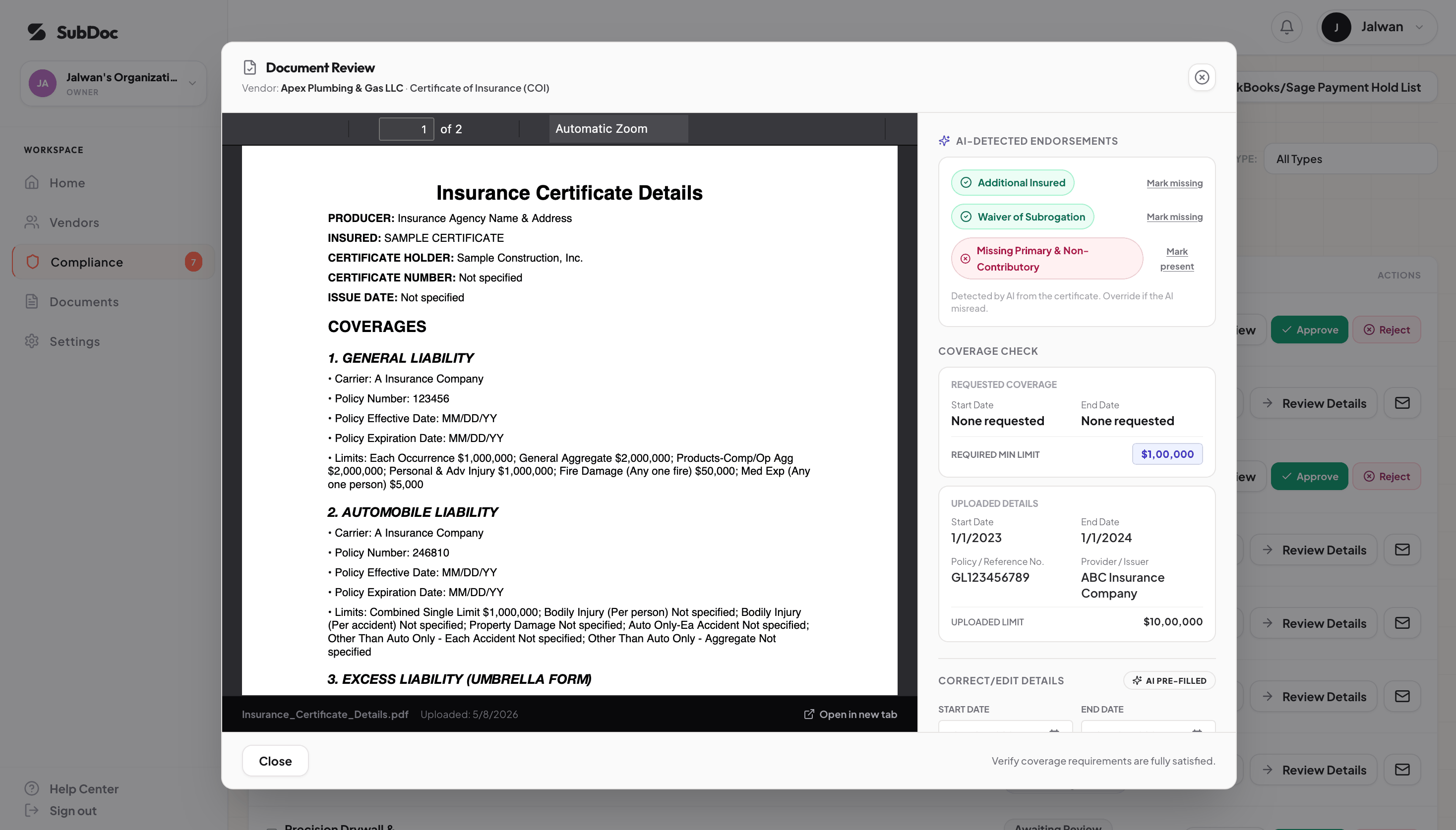 SubDoc AI OCR review: extracted ACORD 25 policy limits and endorsements shown next to the certificate PDF for one-click approval