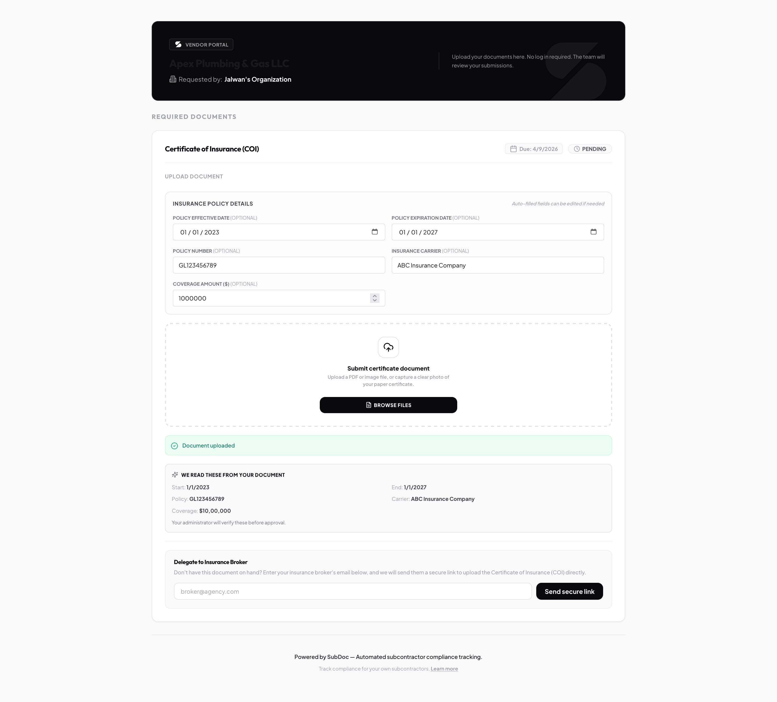 SubDoc passwordless vendor upload: a subcontractor attaches their Certificate of Insurance via a magic link with no account required