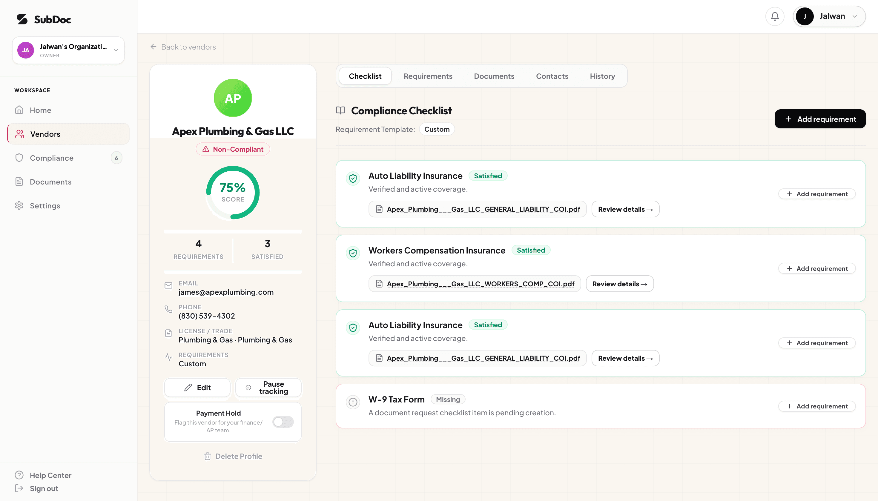 Subcontractor Document & Requirement Checklist Interface