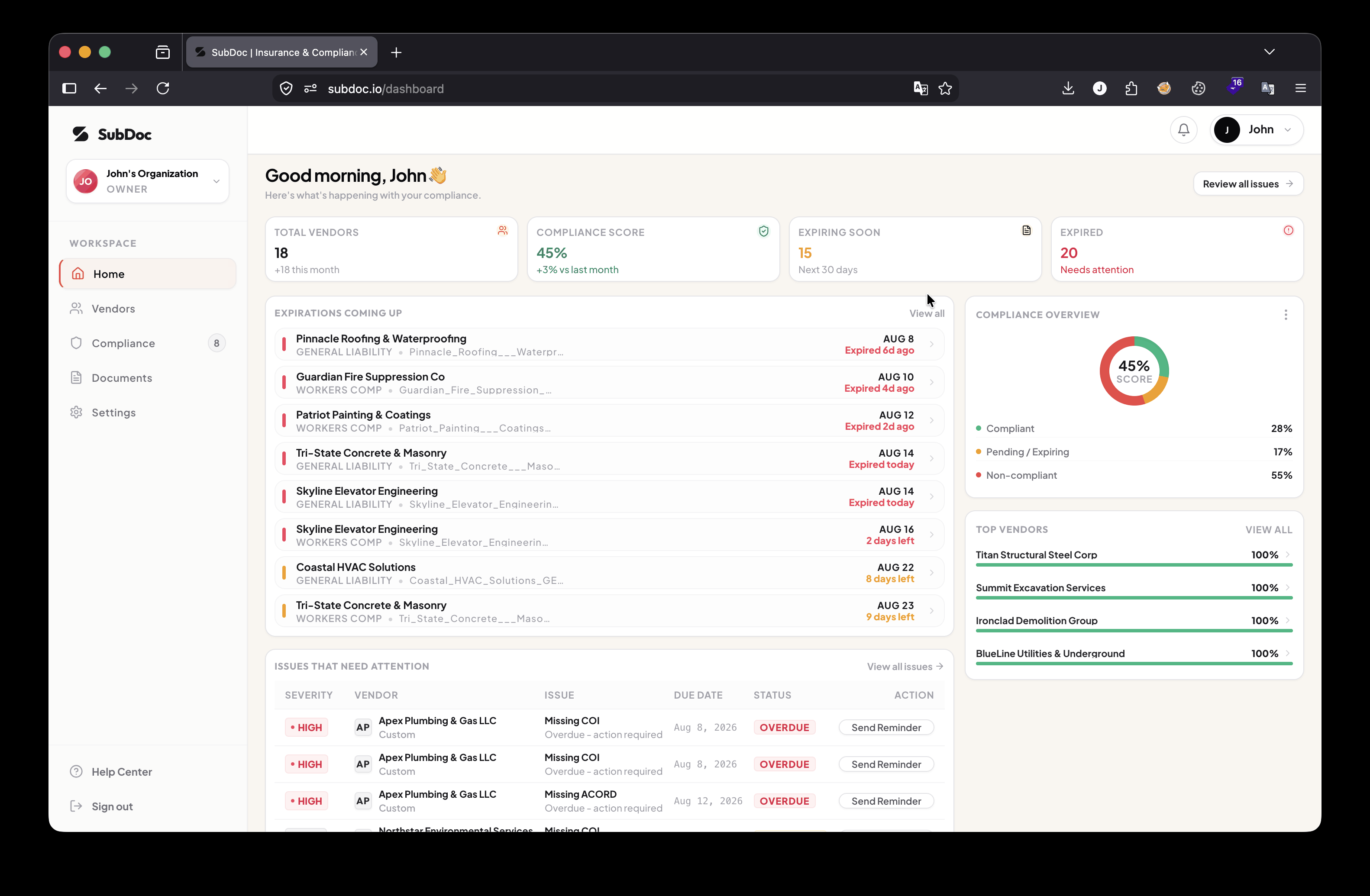 Compliance document management software dashboard showing vendor compliance status and project overview